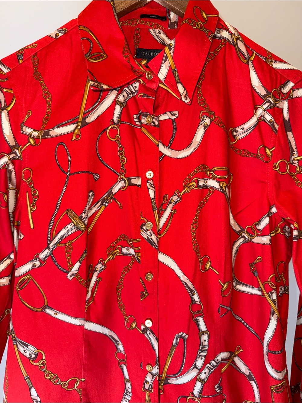 Talbots Red Equestrian Harness & Stirrup Print Button Down Blouse | Size 10